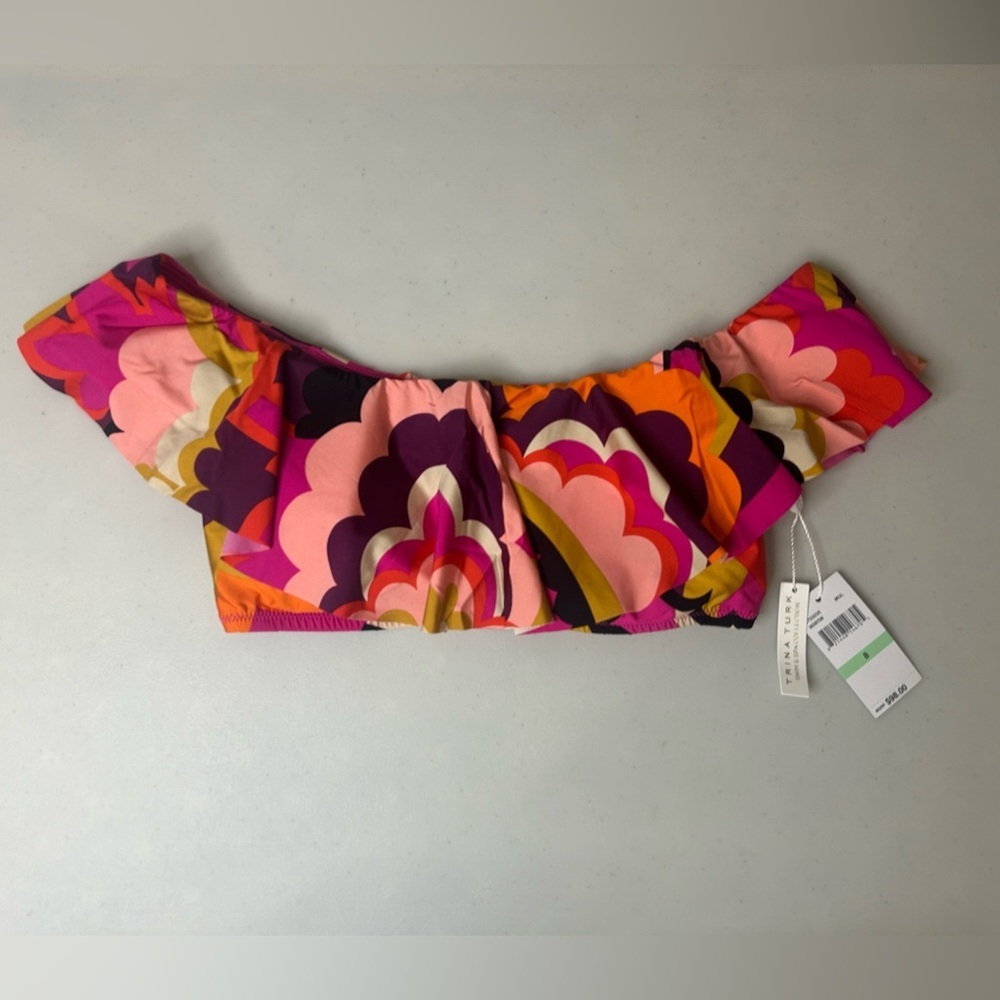 Trina Turk Fan Faire Off The Shoulder Ruffle Bandeau Swim Top Size 8 NWT - Picture 2 of 6